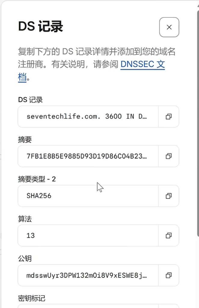 Cloudflare:复制新生成的 DS 记录参数