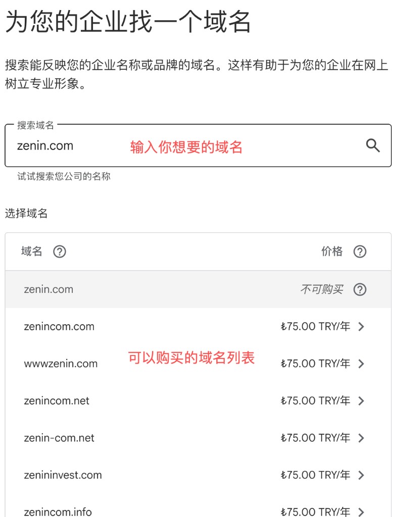 Google Workspace:搜索并选择可购买域名