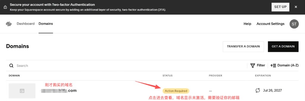 Squarespace:域名状态 Action Required,需验证邮箱