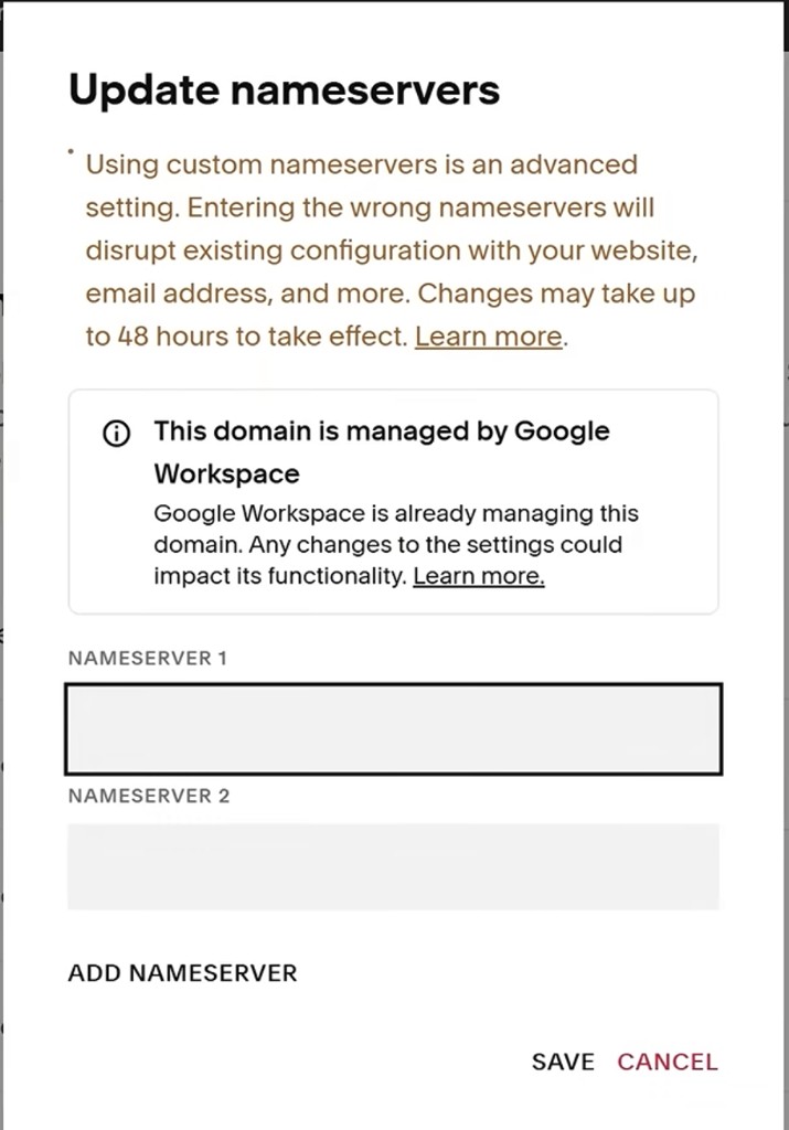 Squarespace:填写自定义 Nameserver 并保存