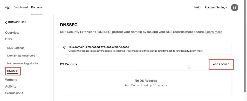 Squarespace:DNSSEC 页点击 ADD RECORD