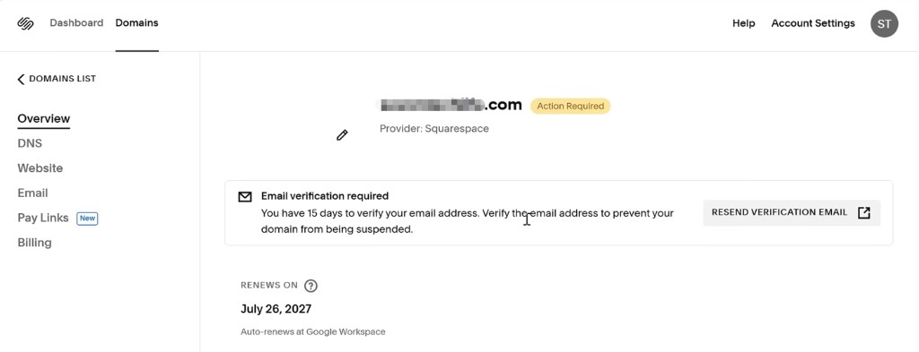 Squarespace:域名详情页提示需验证邮箱