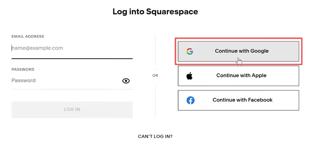 Squarespace:选择 Continue with Google 并用企业邮箱授权