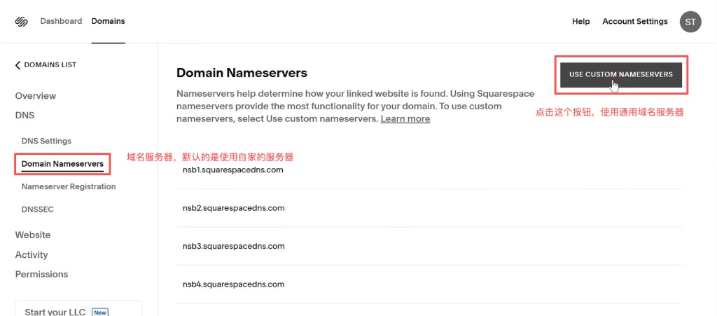 Squarespace:Domain Nameservers 点击 USE CUSTOM NAMESERVERS
