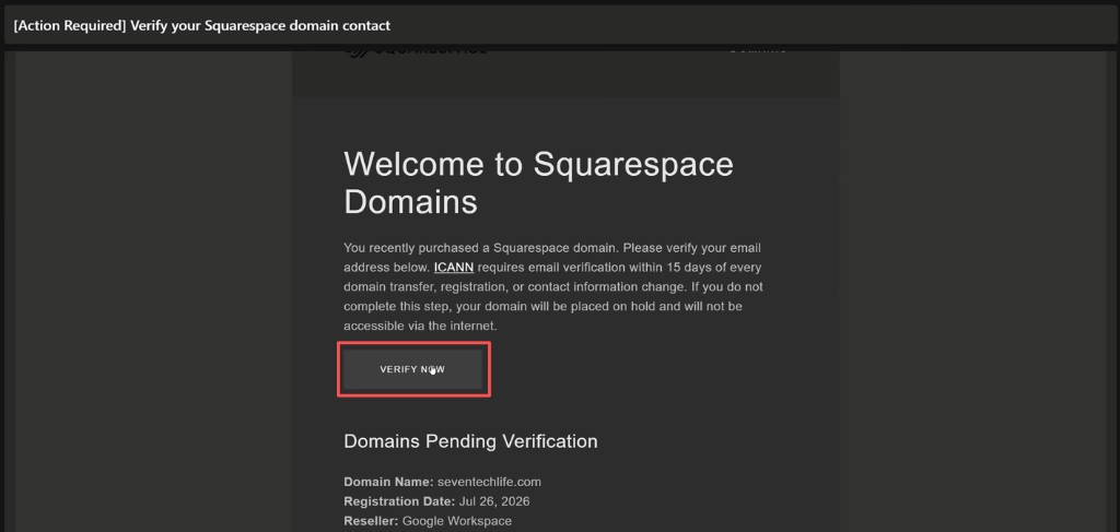 Squarespace:备用邮箱中点击 VERIFY NOW