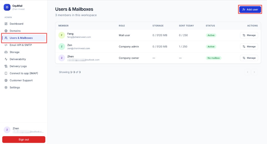 OquMail：Users & Mailboxes，点击 Add user
