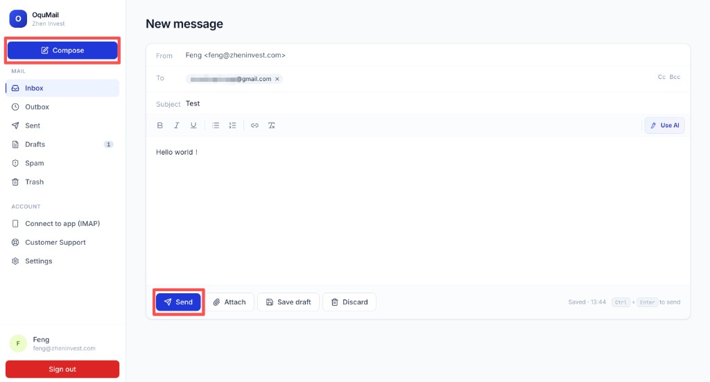 OquMail：Compose 撰写并 Send 测试发信