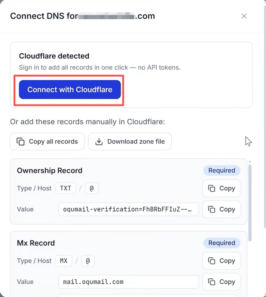 OquMail：Connect DNS，Cloudflare 一键关联或手动添加记录