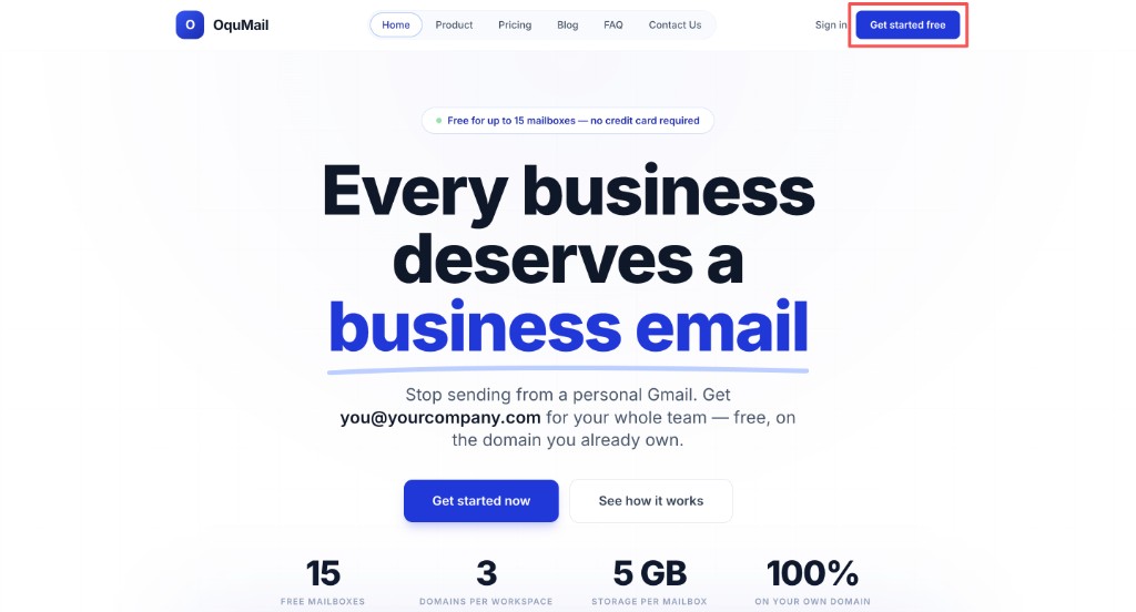 OquMail 官网：右上角 Get started free