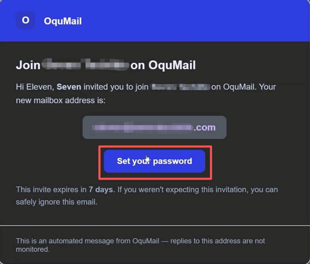 OquMail：邀请邮件，点击 Set your password