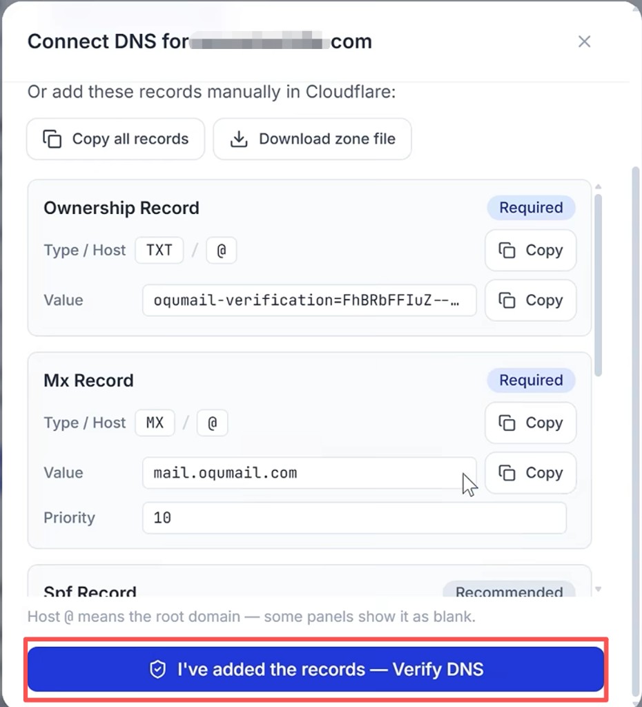 OquMail：Connect DNS，点击 Verify DNS 验证解析