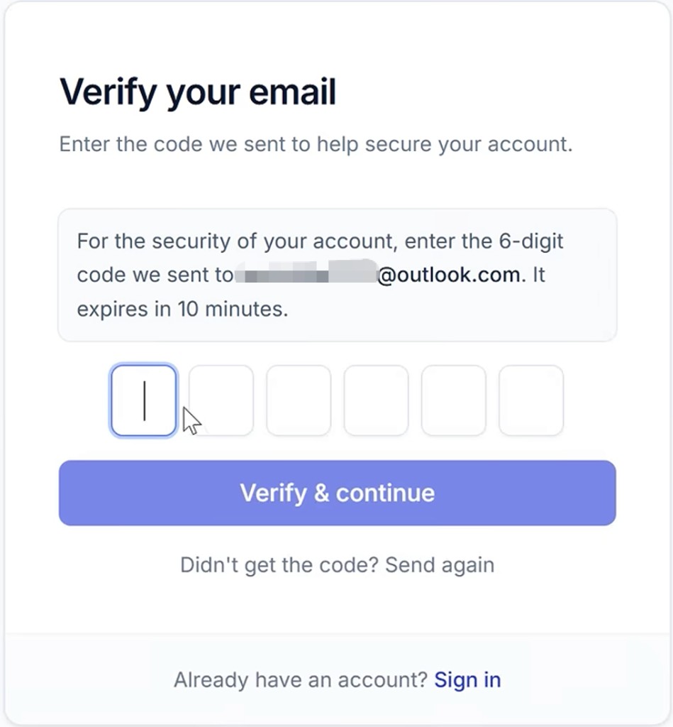 OquMail：Verify your email，输入邮箱验证码