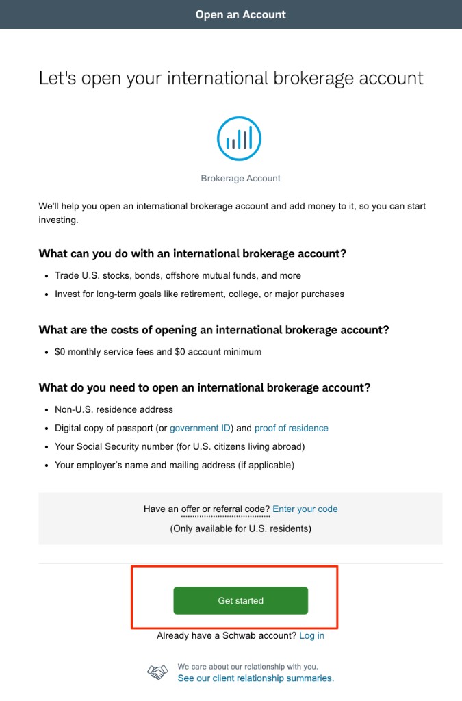 开户介绍页:点击绿色 Get started 按钮