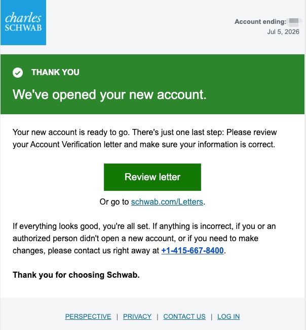 审核邮件:We've opened your new account,点 Review letter 核对即可,一般无需修改