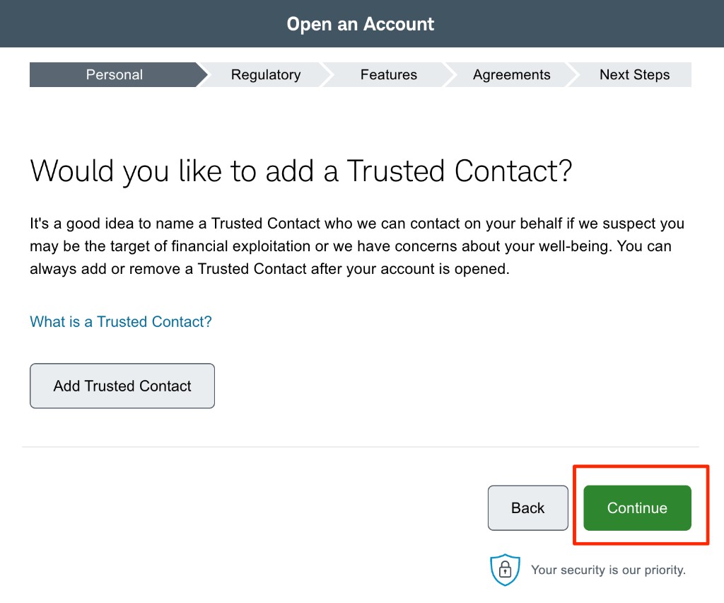 Trusted Contact:可以不填,直接点击 Continue